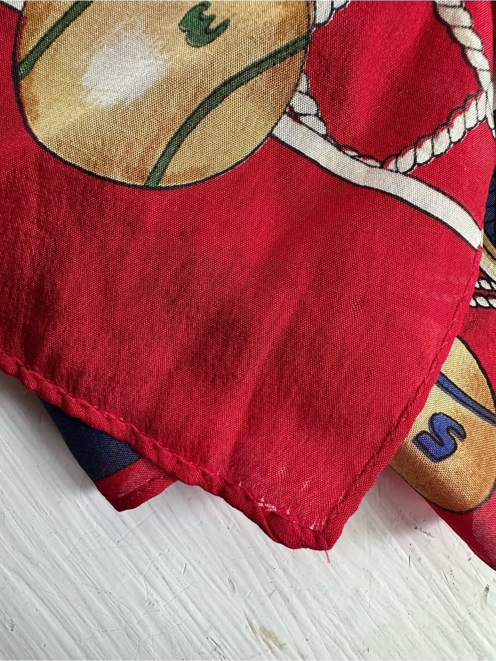 Vintage Liz Claiborne Tennis Equestrian Silk Feel Scarf Red Blue Chain Print